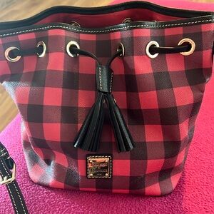 Dooney & Burke red and black checkered print 12x9 Red and Black Bucket Bag